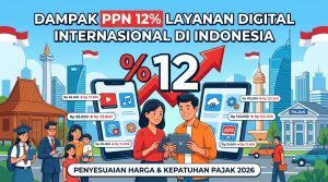 Infografis mengenai Dampak PPN 12 Persen terhadap Harga Layanan Digital Internasional 2026 dengan grafik kenaikan tarif efektif