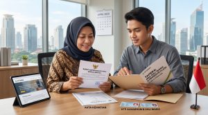 Ilustrasi seorang ahli waris sedang mempelajari dokumen Hak Ahli Waris atas Dana Tapera yang Mencair & Prosedur Klaim di depan kantor BP Tapera