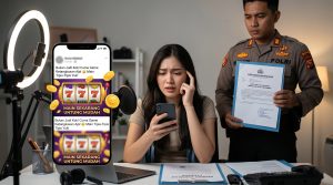 Ilustrasi kecemasan seorang influencer Indonesia yang memegang smartphone dengan latar belakang logo kepolisian dan dokumen hukum siber terkait Tanggung Jawab Hukum Influencer dalam Promosi Judi Online Terselubung