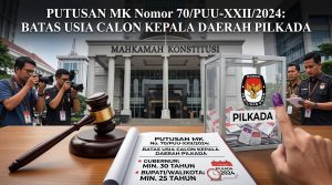Infografis informasi Putusan MK Terbaru tentang Batas Usia Calon Kepala Daerah Pilkada 2026 di ruang sidang Mahkamah Konstitusi