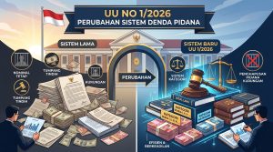 Ilustrasi dokumen resmi Panduan Perubahan Sistem Denda Pidana Menurut UU Nomor 1 Tahun 2026 di atas meja hijau persidangan
