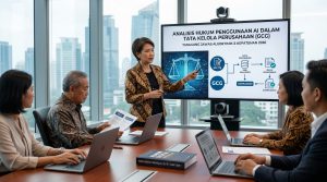 Ilustrasi analisis hukum penggunaan AI dalam tata kelola perusahaan (GCG) yang menunjukkan integrasi teknologi otonom di ruang direksi