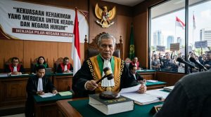 Ilustrasi analisis independensi hakim dalam mengadili kasus politik dengan latar belakang palu sidang dan bendera Indonesia