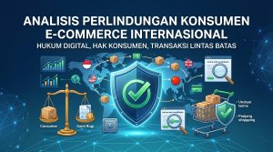 Infografis Analisis Perlindungan Konsumen Dalam Transaksi E-Commerce Internasional menggunakan laptop dan dokumen hukum