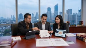 Ilustrasi aspek hukum Merger & Akuisisi (M&A) perusahaan rintisan/startup di Indonesia dengan simbol timbangan hukum dan koneksi digital