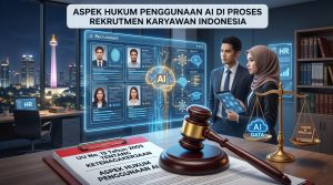 Ilustrasi analisis aspek hukum penggunaan AI dalam proses rekrutmen karyawan di Indonesia dengan latar belakang palu hakim digital