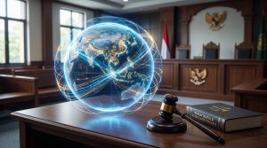Analisis hukum kewajiban transfer data pribadi lintas batas negara berdasarkan UU PDP dengan ilustrasi arus data global dan palu hakim