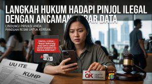 Ilustrasi langkah hukum menghadapi pinjol ilegal dengan ancaman sebar data pada perangkat smartphone