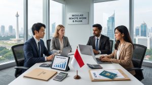 Ilustrasi legalitas remote work dan pajak bagi pekerja asing di Indonesia yang menampilkan paspor, laptop, dan dokumen pajak digital