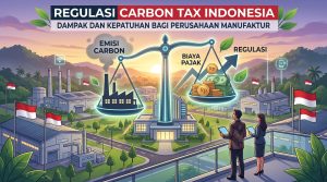 Infografis regulasi carbon tax Indonesia untuk perusahaan manufaktur berdasarkan UU HPP dan Perpres 110/2025