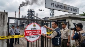 Petugas KLHK menyegel gerbang perusahaan/pabrik karena tidak mematuhi AMDAL dan izin lingkungan dengan memasang papan pengumuman disaksikan polisi lingkungan dan wartawan