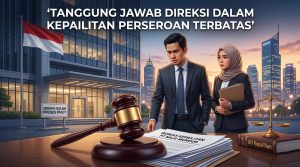 Ilustrasi Tanggung Jawab Direksi dalam Kepailitan Perseroan Terbatas dengan latar belakang palu hakim dan gedung korporasi