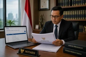 Praktisi hukum melakukan penyesuaian anggaran dasar PT akibat perubahan KBLI 2025 di kantor notaris professional