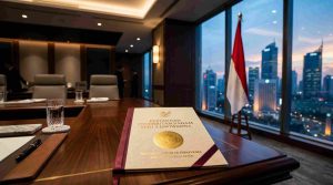 Dokumen hukum Saham Seri A Dwiwarna di atas meja rapat BUMN dengan latar belakang bendera Indonesia