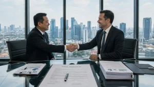 Dua eksekutif perusahaan multinasional berjabat tangan dalam proses merger perusahaan multinasional di ruang rapat korporasi modern