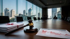 Dokumen hukum dan palu sidang sebagai bentuk langkah hukum mitigasi risiko perusahaan pailit agar dapat Jaminan Kehilangan Pekerjaan (JKP)