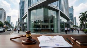 Dokumen hukum dan palu hakim untuk pelaksanaan prosedur penyitaan aset perusahaan tindak pidana pencucian uang