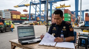 Petugas surveyor memeriksa dokumen dalam Prosedur VPTI Impor Barang di Pelabuhan