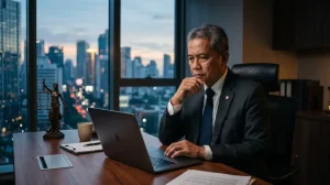 Ilustrasi jerat hukum insider trading di pasar modal Indonesia dengan latar data saham dan simbol keadilan