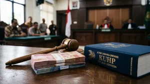 Ilustrasi kategori denda pidana KUHP dengan palu hakim dan uang rupiah di atas meja pengadilan