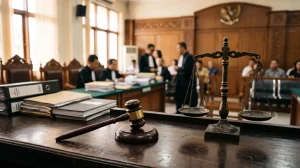 Gavel dan timbangan keadilan melambangkan proses restitusi korban tindak pidana di pengadilan