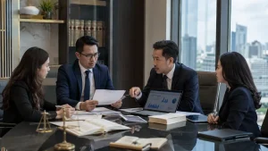 Tim hukum melakukan legal due diligence merger dan akuisisi di kantor hukum Jakarta