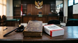 Perbandingan buku KUHP Lama (WvS) dan KUHP Baru Nasional di atas meja hukum, menggambarkan transisi paradigma hukum pidana Indonesia