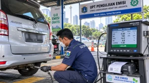 Teknisi melakukan uji emisi kendaraan bermotor sesuai regulasi emisi kendaraan 2026 di bengkel resmi Indonesia