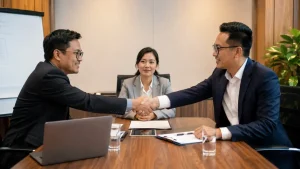 Dua pelaku usaha berjabat tangan setelah mencapai kesepakatan restorative justice komersial di ruang mediasi
