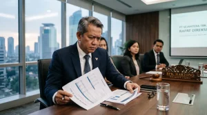 Direktur perseroan meninjau dokumen keuangan terkait fraud oleh direksi di ruang rapat korporat