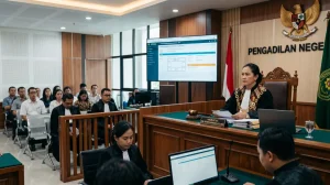 Seorang hakim di ruang sidang modern yang mencerminkan transformasi budaya kerja hakim di Indonesia