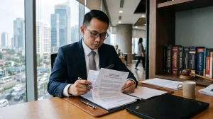 Pengacara meninjau kontrak bisnis terkait wanprestasi force majeure di kantor hukum Jakarta