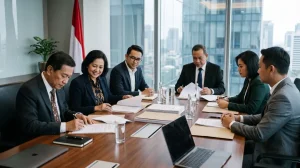 Proses akuisisi saham PT dalam rapat RUPS di ruang rapat korporat modern