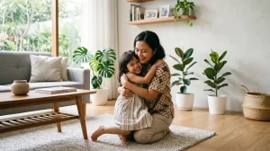 Ibu merawat balita dengan penuh kasih sayang terkait hak asuh anak ibu setelah perceraian