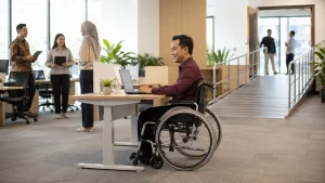 Pekerja penyandang disabilitas bekerja di kantor modern yang menerapkan konsesi tempat kerja disabilitas