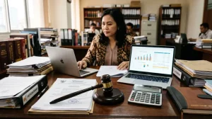 Ilustrasi jerat hukum TPPU hasil pajak dengan dokumen hukum dan analisis keuangan di meja kerja profesional
