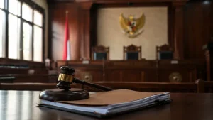 Palu hakim dan dokumen hukum melambangkan prosedur penyadapan dan penahanan KUHAP di ruang sidang pengadilan Indonesia