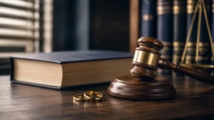 Analisis hukum kekerasan pasangan nikah siri: palu hakim, buku hukum, dan cincin nikah di atas meja kerja