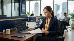 Analis hukum meninjau legalitas fintech derivatif aset keuangan digital di kantor modern Jakarta