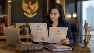 Dokumen sertifikat merek dan akta hak merek jaminan fidusia di meja kerja praktisi hukum Indonesia