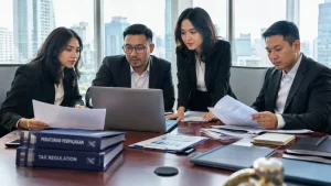 Tim legal dan keuangan perusahaan melakukan mitigasi risiko pajak badan saat meninjau dokumen audit pajak