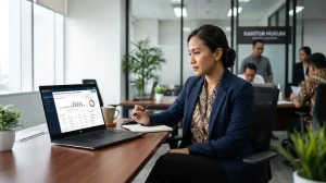Konsultan hukum meninjau dokumen pendaftaran PSE Lingkup Privat di kantor modern