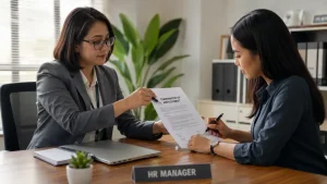 Pengakhiran PKWT antara pengusaha dan pekerja kontrak di ruang kerja modern