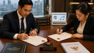 Notaris dan pemegang saham menandatangani akta pengalihan saham tanpa RUPS di kantor hukum Jakarta