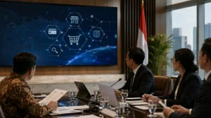 Ilustrasi pengawasan KPPU terhadap ekosistem digital di ruang rapat lembaga pemerintah
