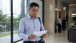 Pekerja Indonesia menerima surat PHK sebagai ilustrasi perlindungan hukum PHK massal