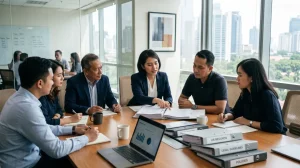Tim HR dan legal membahas dokumen Peraturan Perusahaan sebelum diajukan untuk pengesahan