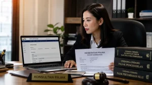 Konsultan pajak sedang memproses penyelesaian sengketa pajak melalui portal Coretax di kantor modern
