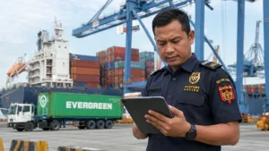 Petugas memeriksa dokumen izin impor barang komoditas di pelabuhan kontainer Indonesia