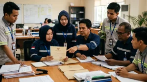 Pekerja Indonesia mendiskusikan syarat pendaftaran serikat pekerja sebelum mengajukan dokumen ke dinas tenaga kerja
